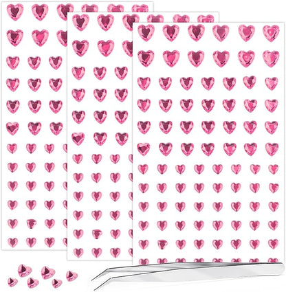 264Pcs Heart Face Gems Love Gems, Self-Adhesive Face Jewels Rhinestones 5/7/10 mm DIY Face Gems Stick on, Valentine Makeup Gems Rave Accessories for Face Eyes Hair Makeup Body, Crafts (Pink)
