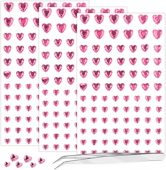 264Pcs Heart Face Gems Love Gems, Self-Adhesive Face Jewels Rhinestones 5/7/10 mm DIY Face Gems Stick on, Valentine Makeup Gems Rave Accessories for Face Eyes Hair Makeup Body, Crafts (Pink)