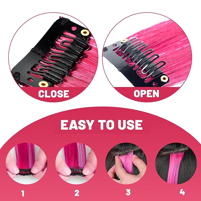 22 inch Colored Hair Extensions Straight Hairpiece, Colorful Party Highlights Clip in Long Synthetic Hair Extensions for Women Kids Girls Favor Gift(10 PCS Hot Pink)