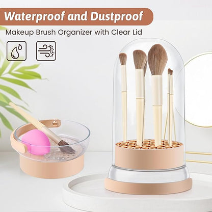 3 in 1 Makeup Brush Cleaner Bowl and Dryer, Silicone Simply Makeup Brush Cleaner Mat, Waterproof Makeup Brush Holder with Lid, Cosmetic Tools Organizer (Khaki)