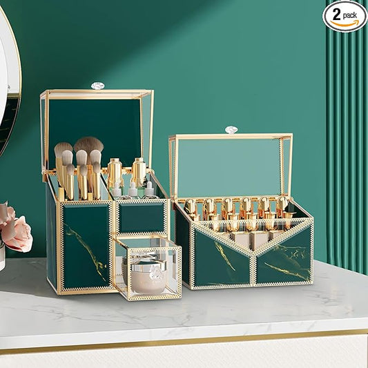 Makeup Organizer Countertop Set – Vanity Holder with 18-Slot Lipstick Organizer & Covered Makeup Brush Holder – Skincare, Perfume & Cosmetic Display for Bathroom or Dresser