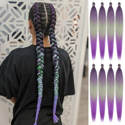 Ombre Purple-Green Pre Stretched Braiding Hair, 36 Inches Braid Hair Extensions, 8 packs Multi Color Blend Braiding Hair Pre-stretched, Crochet Hair Braiding