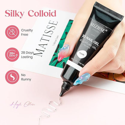 MIZHSE 3D Nail Gel 30G Clear 3D Gel Nail Art 3D Sculpting Gel with Chrome Powder for Nail Art Nail Design Molding Gel for Nails No Wipe Nail Supply U V LED Gel Polish for Nail Art Sculpture Home DIY