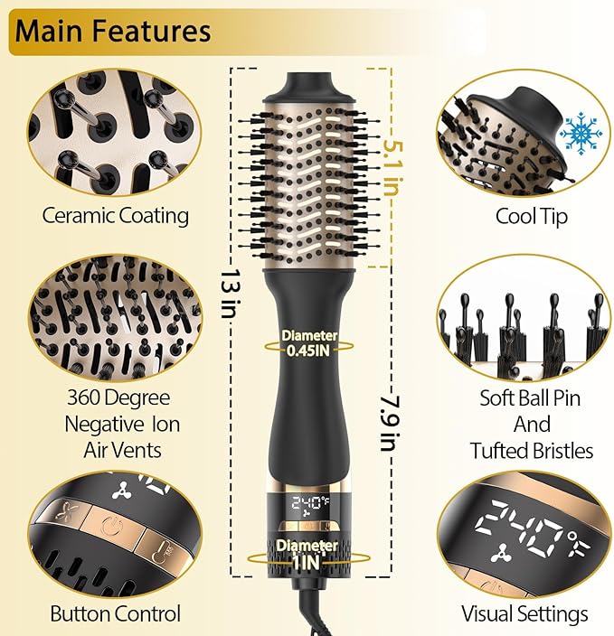 Nicebay Hair Dryer Brush, Hot Tools Blow Dryer Brush for Women, One Step Blowout Brush with Display Screen, Oval Ceramic Barrel, Negative Ion
