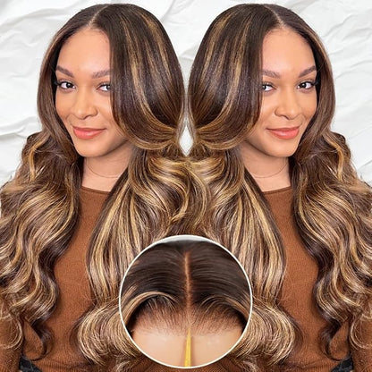 Ombre Lace Front Wig Human Hair 220% Density 4/27 Highlight Wig Human Hair Pre Everything 7x5 Highlight Body Wave Wigs Balayage Glueless Wig Blonde Highlight Wig For Women Brown And Blonde Wigs 22 In