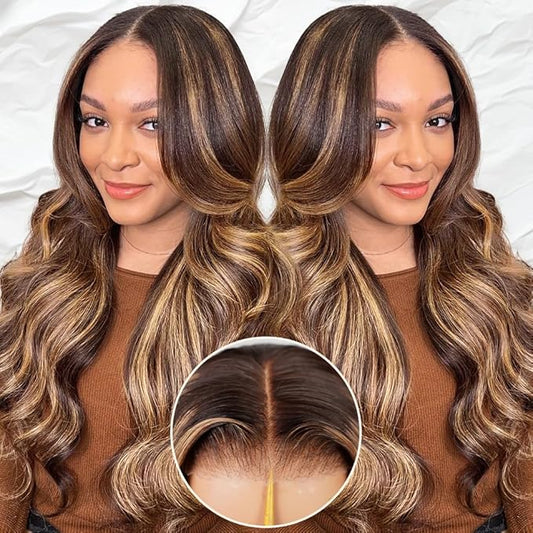 Ombre Lace Front Wig Human Hair 220% Density 4/27 Highlight Wig Human Hair Pre Everything 7x5 Highlight Body Wave Wigs Balayage Glueless Wig Blonde Highlight Wig For Women Brown And Blonde Wigs 22 In