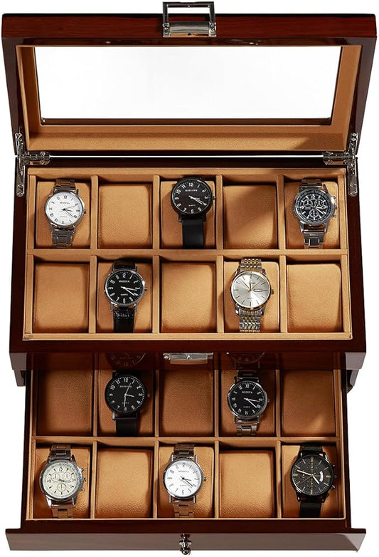 20-Slot Wooden Watch Box, Wood Watch Case with Glass Lid, 2 Layer Storage Organizer for Men Women, Velvet Lining, Watch Display Box, Mother's Day Gifts