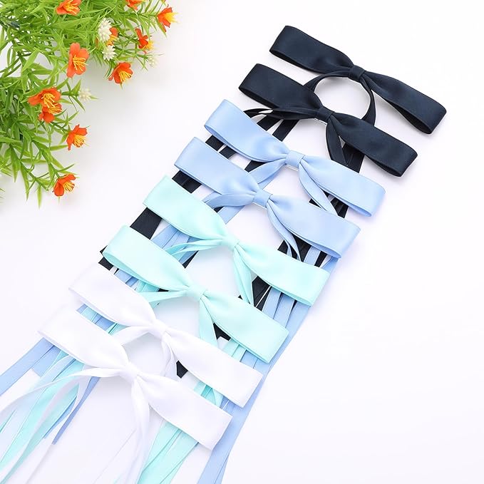 Hair Bows with Long Tails, Clips, and Barrettes for Women's Accessories (White, Blue, Navy Blue, Light Green)