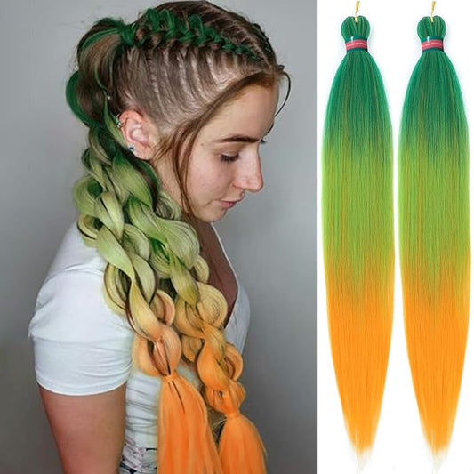 Ombre Green-Orange Pre stretched Braiding Hair 2 Packs Pre feathered Braid Hair Extensions 30 Inches Hair Braids