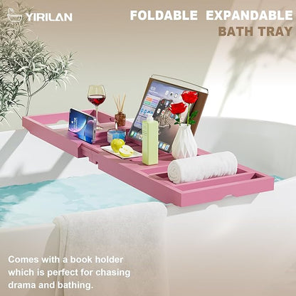 Yirilan Foldable Bathtub Caddy, Expandable Bath Caddy Tray, Unique House Warming Gifts, New Home, Anniversary and Wedding Gifts for Couple, Pink
