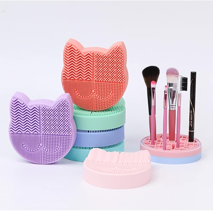 New Grass Green Silicon Makeup Brush Cleaner Mat with Portable Cat Shaped Cosmetic Brush Cleaning Pad Holder and Drying Holder
