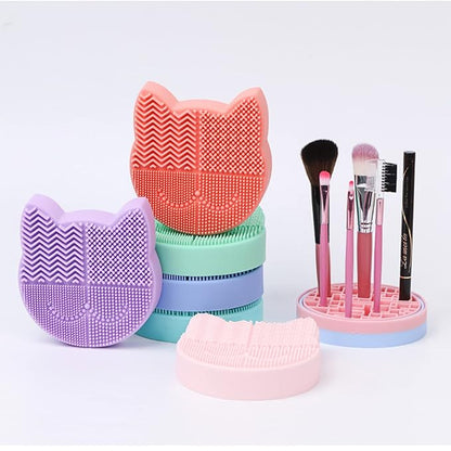 New Grass Green Silicon Makeup Brush Cleaner Mat with Portable Cat Shaped Cosmetic Brush Cleaning Pad Holder and Drying Holder
