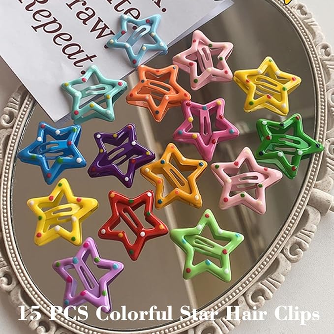15 PCS Metal Hair Barrettes - Non-Slip 1.22" Star Snap Hair Clips for Girls, Women, and Children - Multicolor Hair Accessories