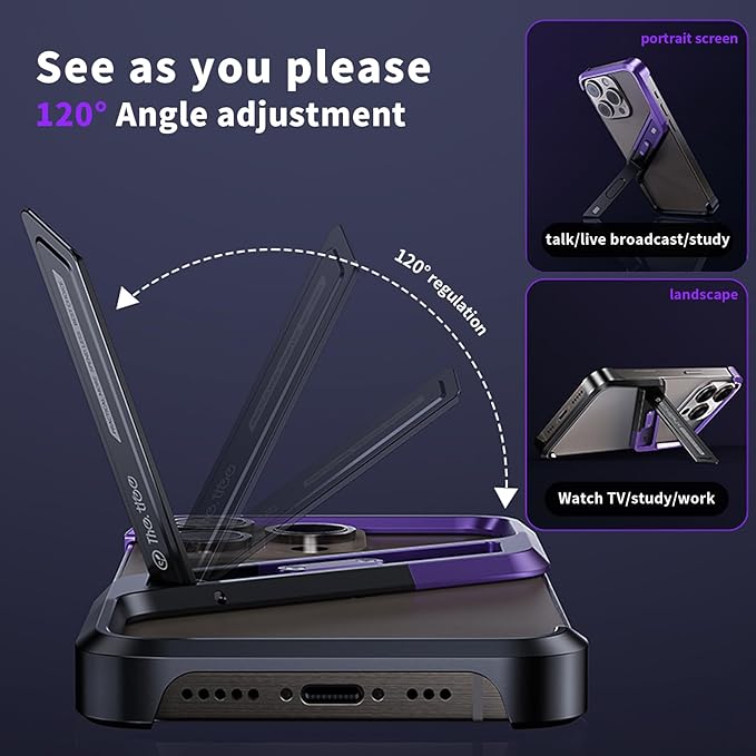 Lightweight Aluminum Alloy Shockproof Frame Case for iPhone 15 Pro Max Metal Bumper Cover with Hidden Stand (Purple)