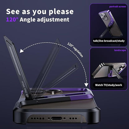 Lightweight Aluminum Alloy Shockproof Frame Case for iPhone 15 Pro Max Metal Bumper Cover with Hidden Stand (Purple)