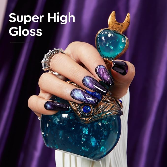 modelones Gel Nail Polish Set 2 PCS 15ML Black Purple Cat Eye Gel Nail Polish Holographic 9D Cat Eye Glitter Polish with Magnet Soak Off Led Nail Art DIY Salon Gift For Women Girl