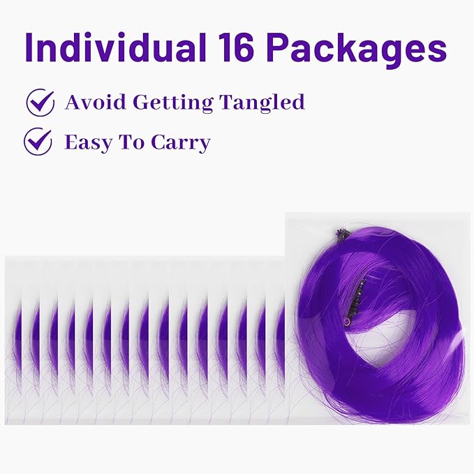 16 Pcs Colored Hair Extensions Curly Wavy Clip in Synthetic Hairpiece Streak for Girls Women Kid, Multi-colors Party Highlights Cosplay Festival Gift(Purple)
