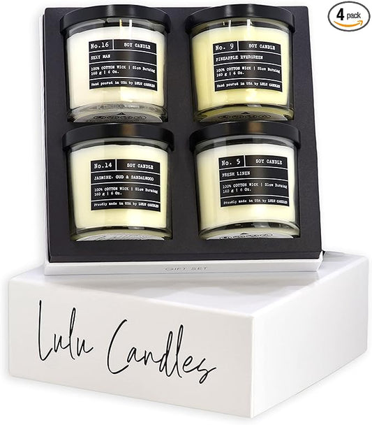 Lulu Candles | 1- Jasmine,Oud & Sandalwood | 1- Sexy Man | 1- Fresh Linen | 1- Pinepple Evergreen | Luxury Gift Set | Hand Poured in The USA | 6 Oz. - 4 pcs