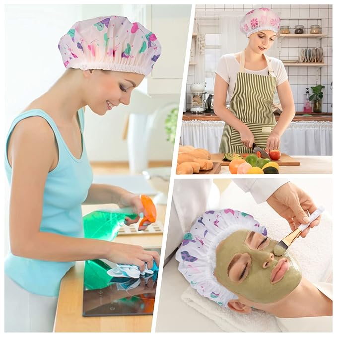 6 Pcs Shower Caps, Waterproof Bath Caps Plastic Reusable Shower Caps Elastic Band Bath Hair Caps for Women Kids