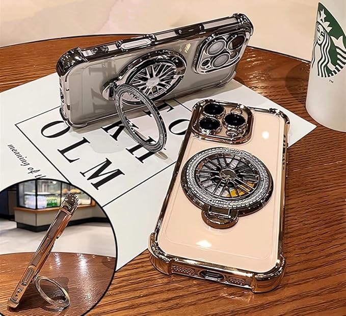for iPhone 16 Pro Case with Ring Stand [Compatible with MagSafe],Anti-Yellowing [Military-Grade Shockproof Corner] Clear Full Camera Protection Pressure Release Funny Phone Case for iPhone 16 Pro Gold