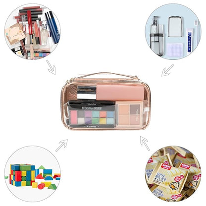 OCHEAL Clear Makeup Bag, Portable Makeup Storage Organizer Cosmetic Bag, Travel Makeup Bag Cute Clear Pouch For Women and Girls Cosmetics Bags with Divider Makeup Brush Compartment-Rose Gold