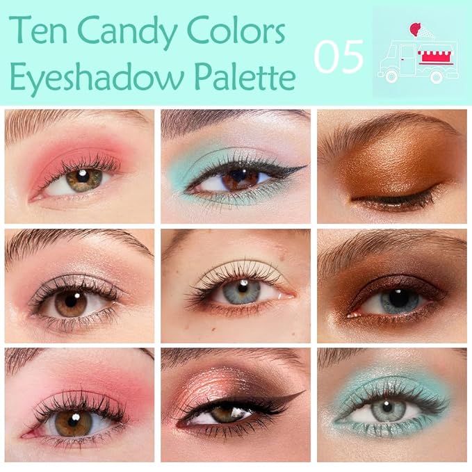 Ten-Color Eyeshadow Palette, Dark Brown Pink Brown Rose Red Yellow Sky Blue 10 Shimmer and Matte Shades, Blendable Powder, Dating Eye Makeup, Vegan and Cruelty-Free, Built-In Mirror and Brush, 05#