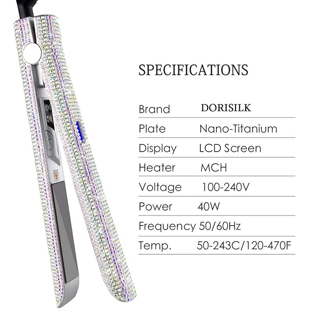 DORISILK Titanium Flat Iron for Hair, 480°F High Temp Hair Straightener Iron, Rhinestone Bling Flattening Iron, 2 in 1 Straightening Curling Professional Salon LCD Display Dual Voltage (AB Shine)
