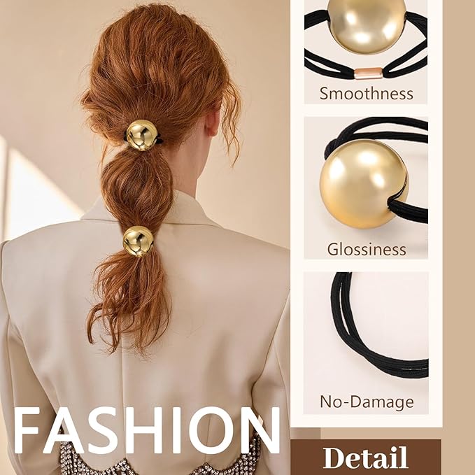 4PCS Gold Hair Ties, Metal Hair Ties for Thick Hair, Elegant Durable Round Geometric Design Hair Cuffs for Ponytails, Gold Hair Accessories Stretchy Non-Damage Ponytail Holders Holiday Gifts