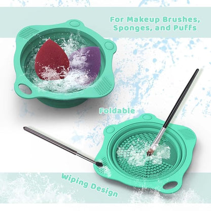 Foldable Silicone Makeup Brush Cleaner Pad Bowl, YalsFTY Portable Mat Scrubber Cleaning Tool for Makeup Brushes (Green)