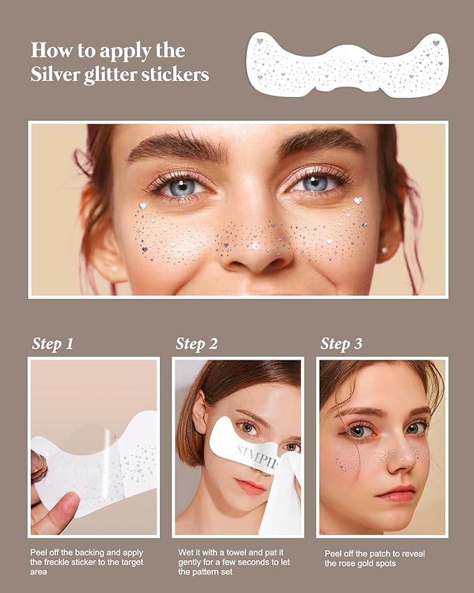 Glitter Freckles, Coachella Face Glitter for Kids Women Girls, Waterproof Glow Up Singer Concerts Festival Rave Accessories (Silver -Hearted)