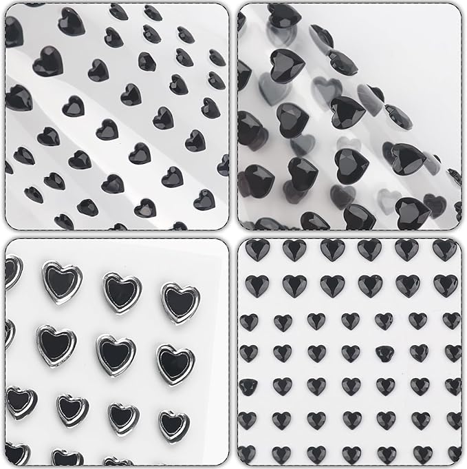 264Pcs Heart Face Gems Love Gems, Self-Adhesive Face Jewels Rhinestones 5/7/10 mm DIY Face Gems Stick on, Valentine Makeup Gems Rave Accessories for Face Eyes Hair Makeup Body, Crafts (Black)