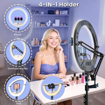 22" Foldable Large Ring Light with Stand for iPhone iPad,75" Tripod with Overhead Shooting Bracket 50W 6500K 4 Clips/LCD Display/2 USB PortsTattoo Barber Makeup Studio Video Photography Lighting