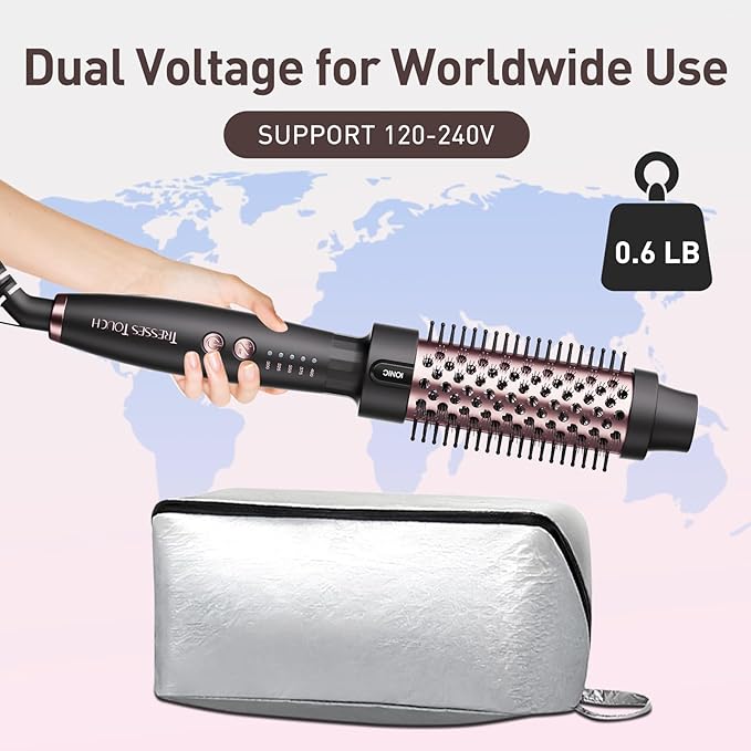1.5 Inch Thermal Brush Blowout with 5 Temp Settings, Universal Voltage Hair Curling Iron, Ceramic Ionic Thermal Round Curling Brush Suitable for Medium and Long Hair, Rose Gold