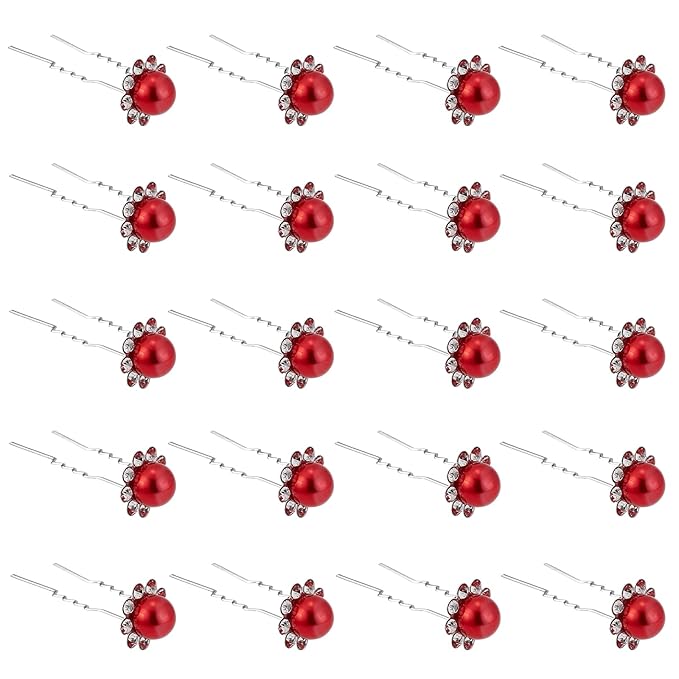 20 Pack (Red) Pearl Crystal Hair Pins Flower Rhinestone Hair Clips for Bridal Wedding Women Hair Jewelry Accessories, with Clear Container