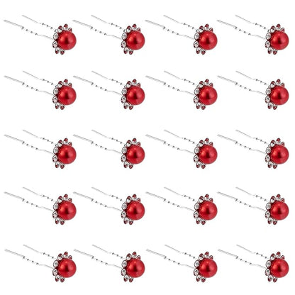 20 Pack (Red) Pearl Crystal Hair Pins Flower Rhinestone Hair Clips for Bridal Wedding Women Hair Jewelry Accessories, with Clear Container