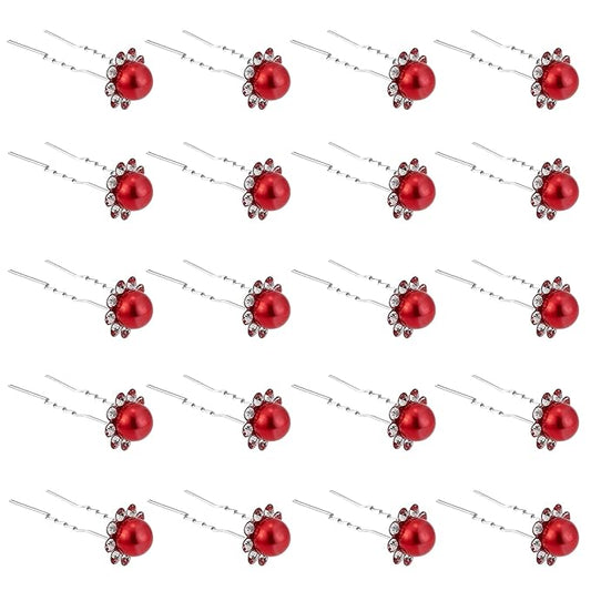 20 Pack (Red) Pearl Crystal Hair Pins Flower Rhinestone Hair Clips for Bridal Wedding Women Hair Jewelry Accessories, with Clear Container