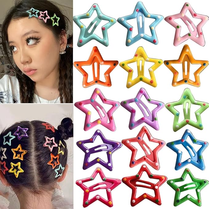 15 PCS Metal Hair Barrettes - Non-Slip 1.22" Star Snap Hair Clips for Girls, Women, and Children - Multicolor Hair Accessories