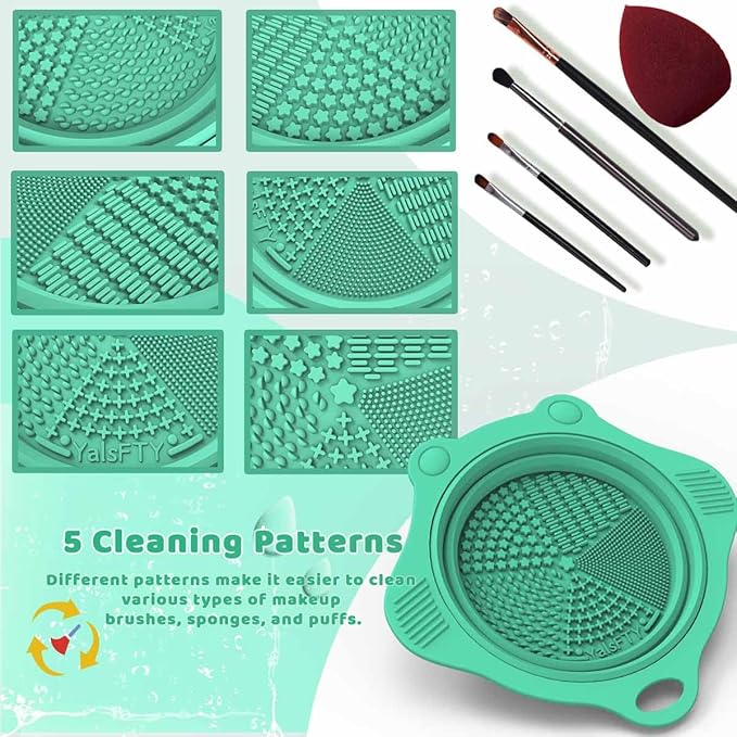 Foldable Silicone Makeup Brush Cleaner Pad Bowl, YalsFTY Portable Mat Scrubber Cleaning Tool for Makeup Brushes (Green)