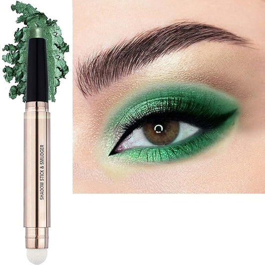 2 in 1 green Eyeshadow stick and Sponge Makeup Brush, Smooth Cream Shimmer Shadow Pencil Long Lasting Waterproof Eye Shadow Highlighter Stick Makeup , Hypoallergenic Eyeshadow, Highlighter Eye Liner