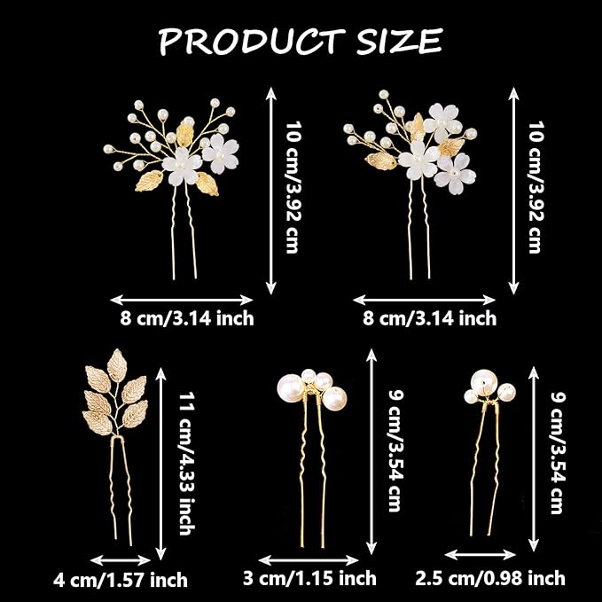 6PCS Gold Leaf Wedding Hair Pins Pearl Hair Jewelry Accessories Flower Headpiece Crystal Vintage Elegance Wedding Hair Styling Pins for Women Brides Bridesmaids and Flower Girls