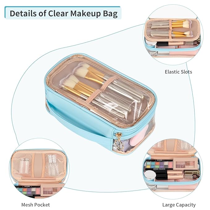 OCHEAL Clear Makeup Bag, Portable Makeup Storage Organizer Cosmetic Bag, Travel Makeup Bag Cute Pouch Women Girls Cosmetics Bags with Divider Makeup Brush Compartment-Lake Blue Clear