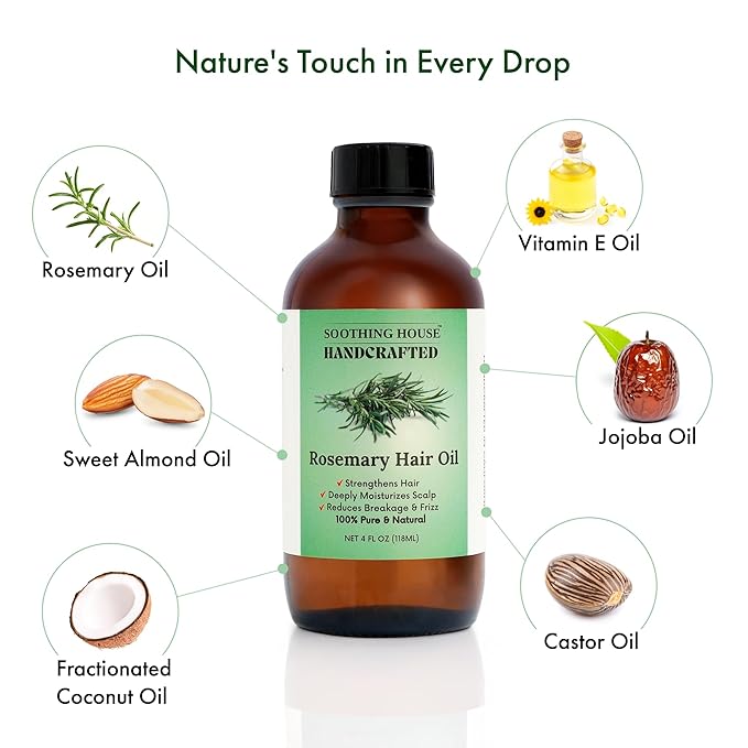 100% Natural Rosemary Hair & Scalp Oil – Strengthens, Nourishes & Moisturizes – Reduces Breakage & Frizz – Handcrafted with Castor, Jojoba & Vitamin E – All Hair Types (4oz)