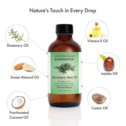 100% Natural Rosemary Hair & Scalp Oil – Strengthens, Nourishes & Moisturizes – Reduces Breakage & Frizz – Handcrafted with Castor, Jojoba & Vitamin E – All Hair Types (4oz)
