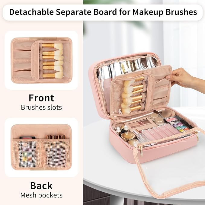 OCHEAL Makeup Bag, Makeup Travel Bag Large Capacity Waterproof Cosmetic Organizer Bag with Makeup Brush Compartment & Handle for Women Girls Travel Toiletry Accessories-Pink