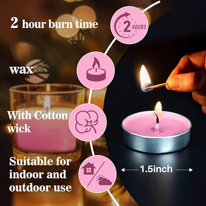 Pink Tealight Candles Bulk - Tea Candles Lights Mini Votive Candle with Cotton Wick for Home,Pool,Shabbat,Wedding,Emergencies,Halloween,Christmas,Thanksgiving