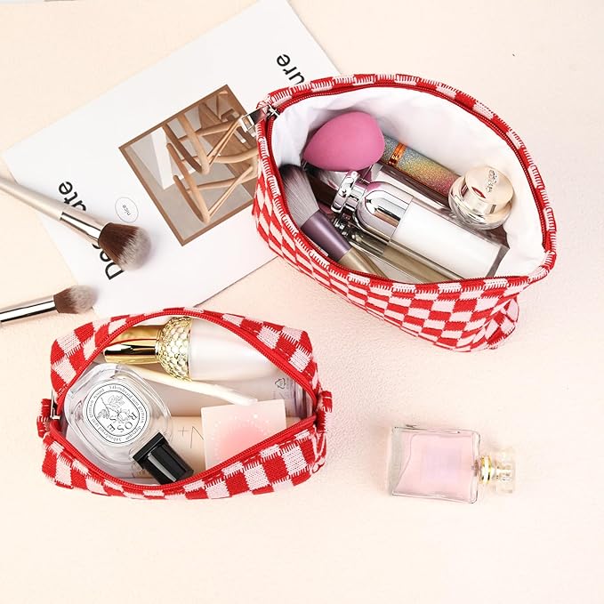 2 Pcs Checkered Makeup Bag Large Cosmetic Bag Toiletry Bag Makeup Pouch Travel Bag Organizer Cute Makeup Brushes Aesthetic Accessories Storage Bag for Women Red