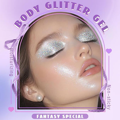 Roll-on Holographic Body Glitter Gel for Face Hair, Chameleon Color Changing Glitter Gel Under Light, Chunky Mermaid Sequins Festival Party Rave Accessories Shimmer Makeup (17# Silver)