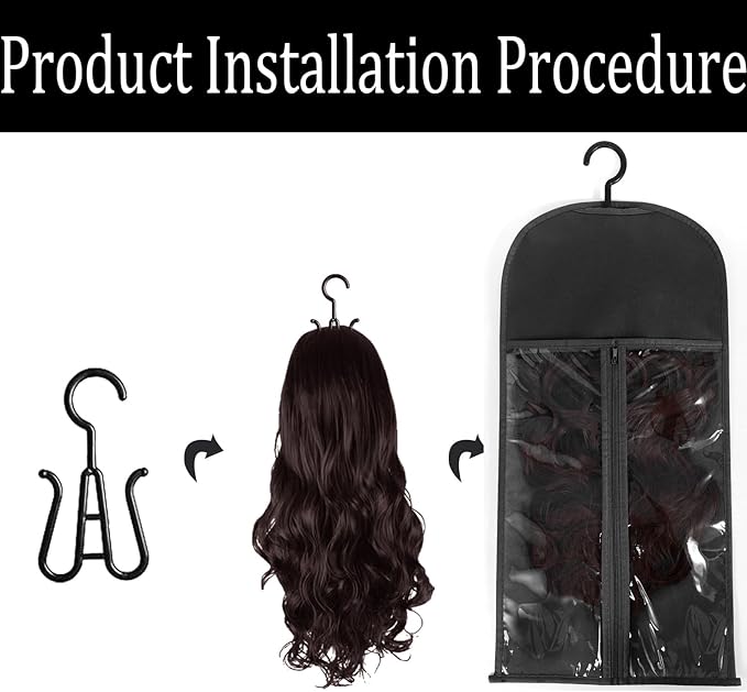 3PCS Wig Hanger and Hair Extension Holder for Multiple Wigs - Dust-proof Storage Bags With Hook for Accessories (Black)