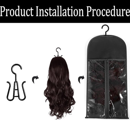 3PCS Wig Hanger and Hair Extension Holder for Multiple Wigs - Dust-proof Storage Bags With Hook for Accessories (Black)