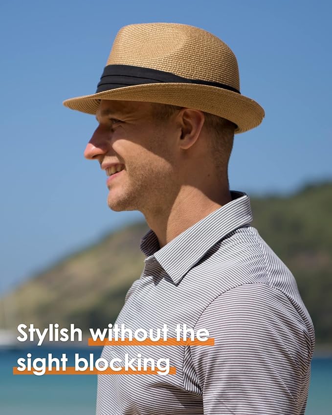 FURTALK Fedora Straw Sun Hat for Men Women Foldable Roll Up Short Brim Trilby Hat Panama Beach Hat UPF 80+